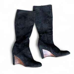 Vintage Emporio Armani Knee High Suede Wedge Boots in Black